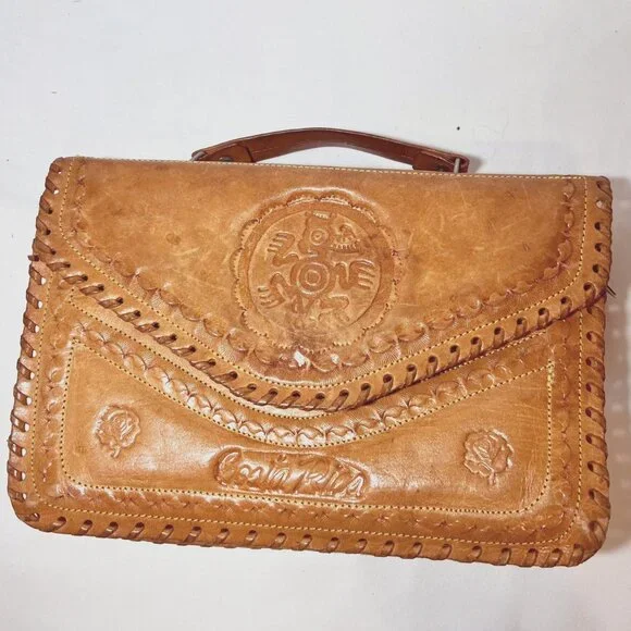 Costa Rica Leather Vintage Shoulder/Crossbody Bag-Removable Strap-Camel/Tan-Rose - Picture 7 of 15